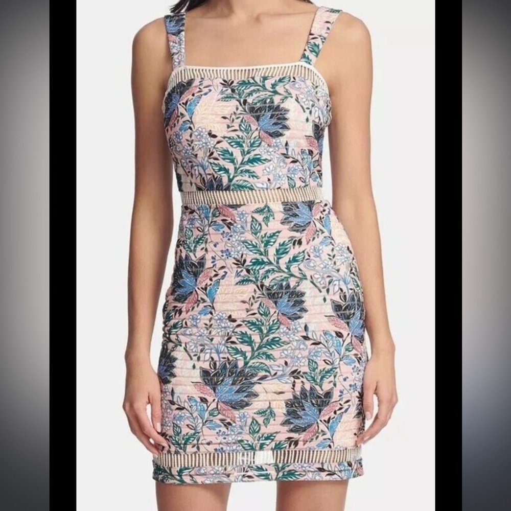 GUESS Lis Angeles Blush floral print subtle stripes square neckline mini dress 2